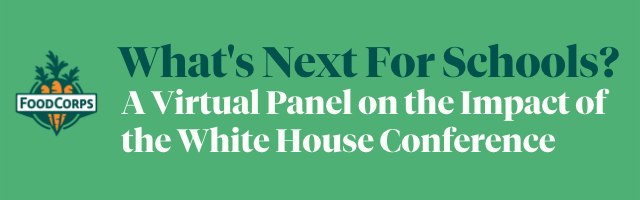 Green graphic with the words "What's Next For Schools? A Virtual Panel on the Impact of the White House Conference"